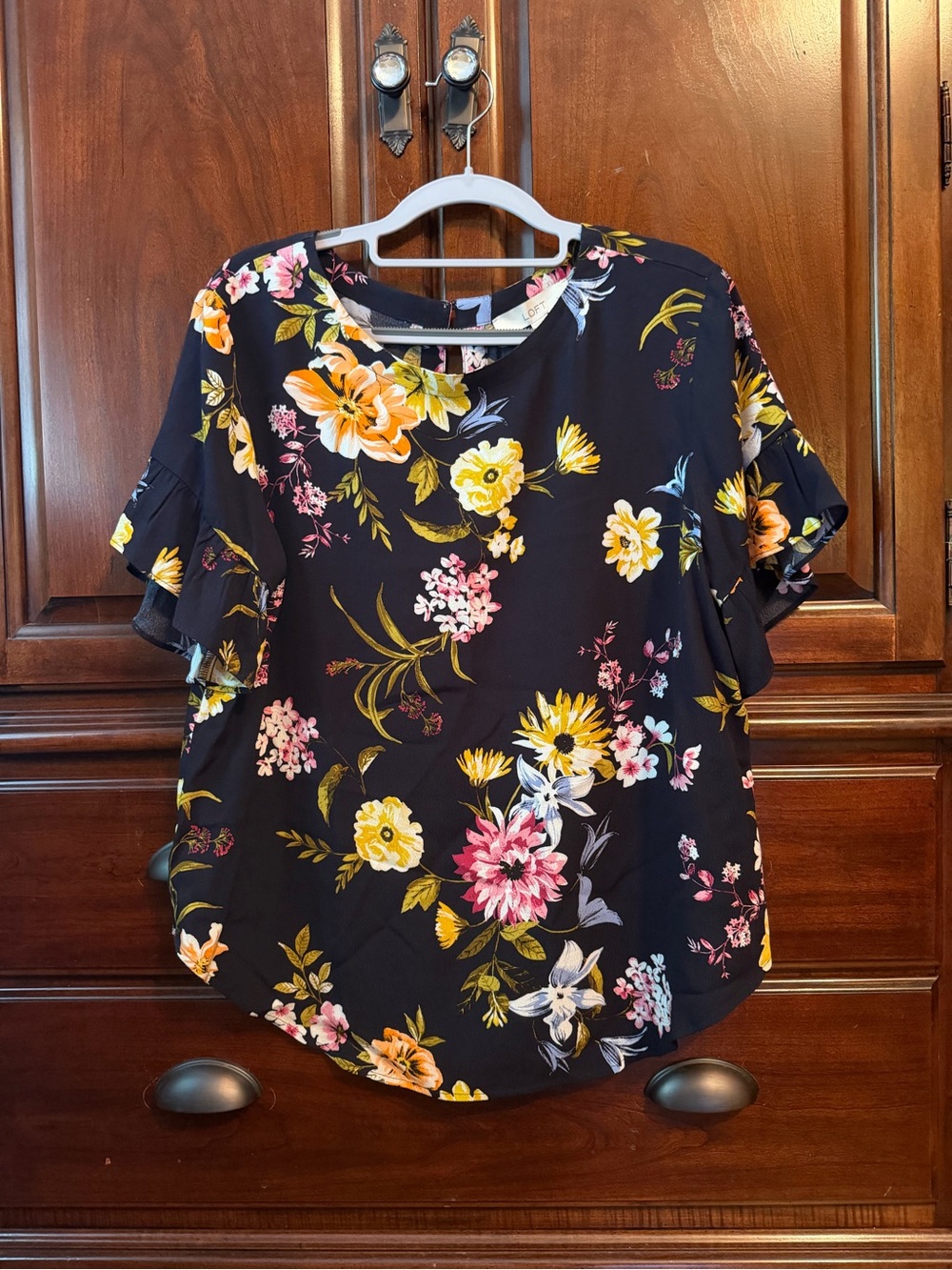 LOFT Black Floral Ruffle Sleeve Blouse